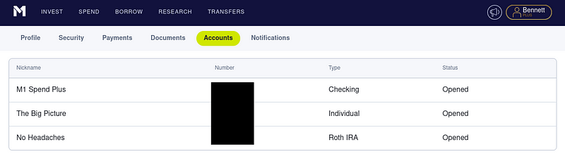 A screenshot of the M1 Finance accounts page.