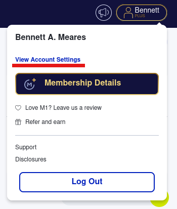 A screenshot of the view account settings link in M1 Finance.